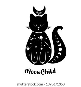 Moon cat. Celestial cat. Cute animal. Black cat shape isolated tattoo art, spirituality, boho design. Sky, stars ornament. Celestial cat. Vector illustration. Funny kitty silhouette.