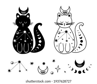 Moon cat set. Black and white celestial cat, stars. Magic domestic animal. Celestial kitty Vector tattoo