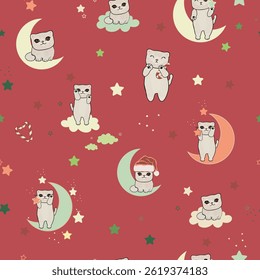 Moon and cats pattern red background