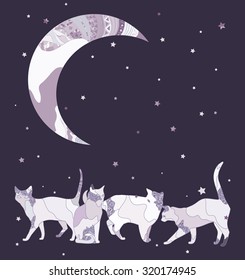 Moon, cats and stars, dark background.