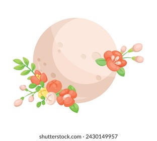 Moon as Celestial Body with Flower Adornment Vector Illustration