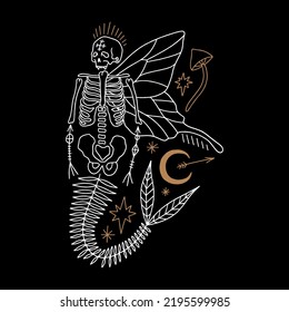 Moon celestial mermaid fairy skeleton dark boho scary Halloween vector and jpg printable image, unique boho clipart illustration, editable isolated details. Perfect for poster or postcard template