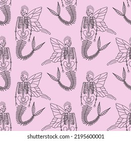 Moon celestial mermaid fairy skeleton dark boho scary Halloween vector and jpg printable boho seamless pattern, unique repeat clipart illustration image, editable isolated details. Perfect for