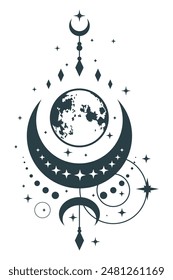 Moon celestial, mystical boho, tatto design vector