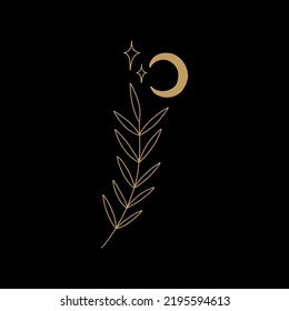 Moon celestial tiny gold brunch vector and jpg printable image, unique boho clipart illustration, editable isolated details. Perfect for poster or postcard template, t-shirt clothes design, banner