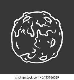 Moon chalk icon. Earth satellite. Fantastic planet with volcanoes. Spherical space object. Solar system body. Astronomical observations. Space exploration. Isolated vector chalkboard illustration