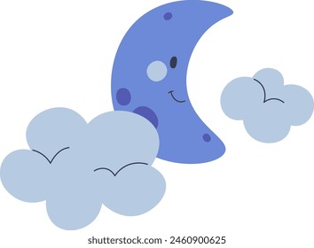Moon Character And Clouds Sky Vector Illustration
