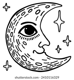 moon character with eyes nose mouth smiling with stars around isolated on white background doodle cartoon hand drawn groovy hippie Y2K grunge outline vector illustration