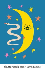 La noche del personaje de la luna es un arte de estilo canoso e ingenuo