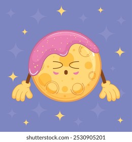 Moon character with pink frosting smiling under stars, vector illustration