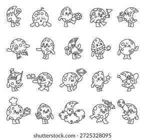 Personaje de la luna en el arte de la línea de contorno que muestra diferentes emociones y poses, sosteniendo la rosquilla, bandera, taza para llevar, bola de nieve, puntero, varita mágica, regalo, cohete, globo