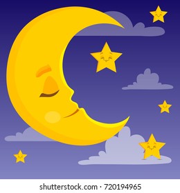 Moon Character with Stars, Closed Eyes, Smiling, Sleeping, Cartoon Hand Drawn Vector Illustration EPS 10