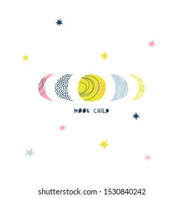 Moon child hand drawn vector lettering. Doodle moon growth stages with text. Cartoon night starry sky and phrase inscription. Cartoon scribble and circle decorative elements. Childish color drawing