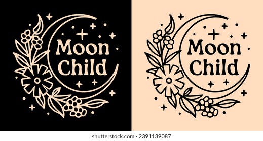 Niña de la luna escribiendo dentro de la luna creciente. Ilustración de la línea de tatuaje delgado celestial. Citas modernas de bruja para la estética espiritual de las niñas. Boho texto brujo para el diseño de camisetas y el vector de impresión.