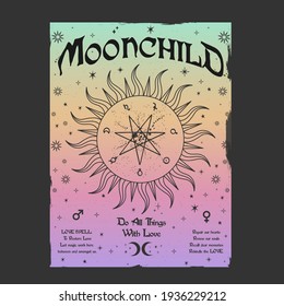 Moon child slogan print with love spell words. Mystical template for tarot card. Hand-drawn. Cards with esoteric symbols. Witchcraft. Love spell words planets, moon phases and other mystic elements. 