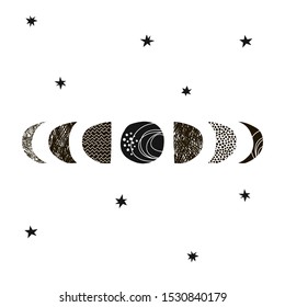 Moon childish hand drawn vector artwork. Doodle moon growth stages. Decorative Scandinavian night starry sky. Paper cut scribble and circle decorative elements. Childish black drawing