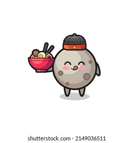 moon as Chinese chef mascot holding a noodle bowl , cute design