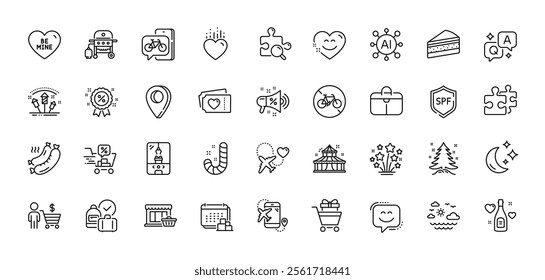 Moon, Christmas tree and Marketplace line icons pack. AI, Question and Answer, Map pin icons. Cake, Circus, Shopping trolley web icon. Honeymoon travel, Smile chat, Bike app pictogram. Vector