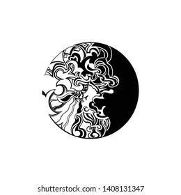 moon, circle. stylized graphic image with aggressive cyber-punk ornament, monochrome tattoo. isolated vector illustration