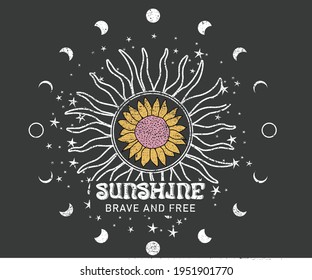 Moon circle and sun shine,  brave and free artwork, stars vector artwork design for apparel and others 