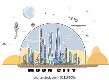Moon city, Distant future, Fat vector on the theme of astronomy, space exploration, colonization of space