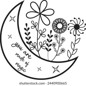 Moon Clipart, Flower Illustration, Hand Drawn  Design