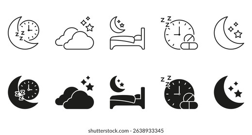 Moon, Clock, And Sleep Line And Solid Icon Set. Nighttime Rest, Sleep Schedule, And Bedtime Routine Symbol Collection. Sleep Health And Relaxation. Isolated Vector Illustration.