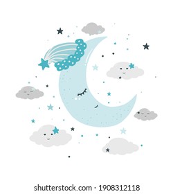 Moon cloud cute. Vector illustration cute cloud, moon and star. nursery design. Cute posters with moon, stars, clouds. Vector prints for baby room, baby shower, greeting card, kids and baby t-shirts.