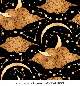 Moon Cloud Dark Starry Night Golden Magic Constellation Astronomy Astrology Star Seamless Pattern Vector Background. Celestial Fairy Dreamy Esoteric Illustration