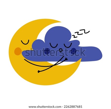 Moon and cloud hugs. Crescent moon embrace sleeping cloud. Cute weather characters. Night cartoon symbols. Vector illustration