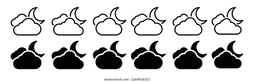 Moon and cloud icon. Night symbol. Evening weather icon in line and flat style. Moon behind the clouds symbol for apps and websites, vector illustration 