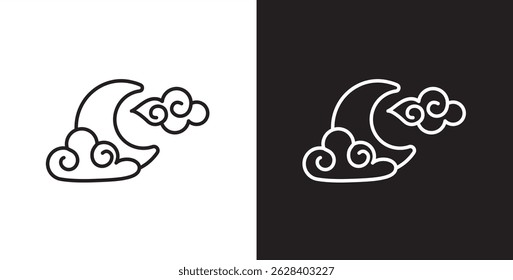 Icono de la luna y de la nube con la línea fina. Icono de la Ilustración vectorial de la nube en fondo transparente y negro. Trazo editable.