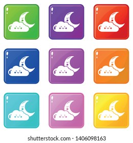 Moon and cloud icons set 9 color collection isolated on white for any design