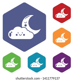 Moon and cloud icons vector colorful hexahedron set collection isolated on white