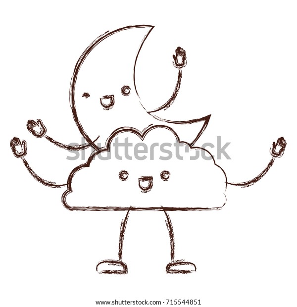 moon and cloud kawaii caricature in blurred\
brown color contour vector\
illustration