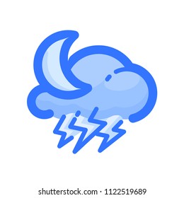 Moon, cloud and lightning vector icon. Blue pictogram from set Weather forecast isolated on white background