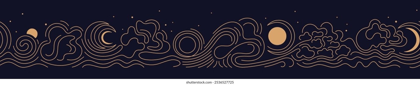 Moon, cloud and ocean. Magic line vector endless pattern. Gold decorative art ornament for astrology, esoteric border, tarot decor. Stars on windy sky. Luxury elegant design