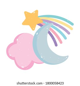 Moon Cloud Shooting Star Regenbogen Cartoon einzeln auf einfarbigem Hintergrund Vektorgrafik