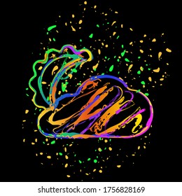moon and cloud. simple silhouette. Colored ink with splashes on black background