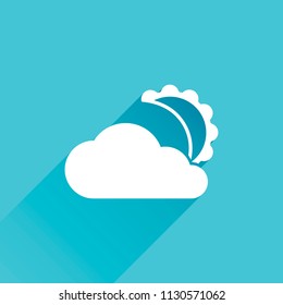 moon and cloud. simple silhouette. Gray icon with long shadow in bottom left corner on blue background