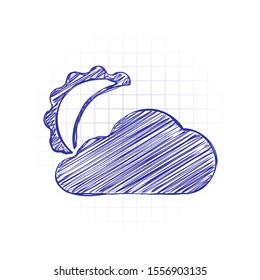 moon and cloud. simple silhouette. Hand drawn sketched picture with scribble fill. Blue ink. Doodle on white background