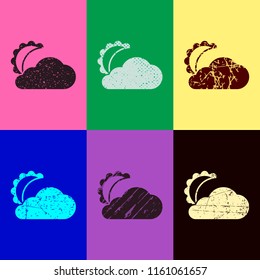 moon and cloud. simple silhouette. Pop art style. Scratched icons on 6 colour backgrounds. Seamless pattern