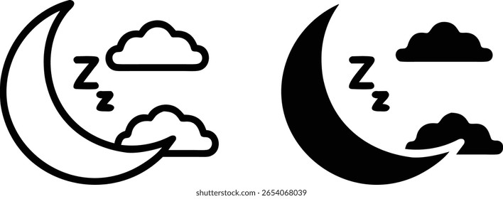 Moon Cloud Sleep Icon Set Black White Outline Silhouette Vector Night Zzz Dream Illustration