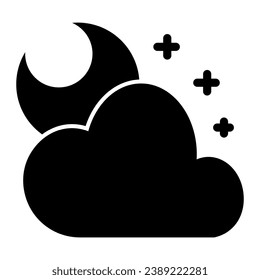 Moon and cloud solid icon. Night sky with stars vector illustration isolated on white. Weather glyph style design, designed for web and app. Eps 10