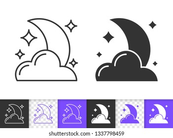 Moon with Cloud and Star black linear and silhouette icons. Thin line sign of crescent. Night Sky outline pictogram isolated on white transparent background. Vector Icon shape. Moonlight Simple symbol