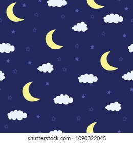 Moon, cloud, star in night sky. A playful, modern, and flexible pattern for brand who has cute and fun style. Repeated pattern. Happy, bright, and magical mood.