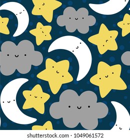 Moon, Cloud and Stars Cute Seamless Pattern, Cartoon Vector Illustration Night Sky Background