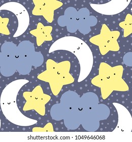 Moon, Cloud and Stars Cute Seamless Pattern, Cartoon Vector Illustration Night Sky Background