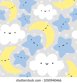 Moon, Cloud and Stars Cute Seamless Pattern, Cartoon Vector Illustration, Grey Background