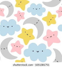 Moon, Cloud and Stars Cute Seamless Pattern, Cartoon Vector Illustration, Isolated Background